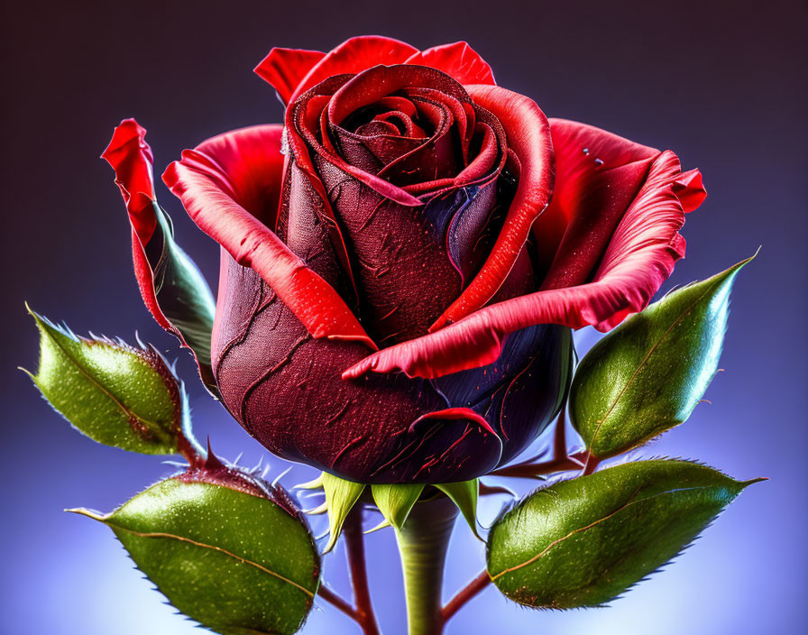 Vibrant red rose with dewdrops on petals against soft-focus purple background