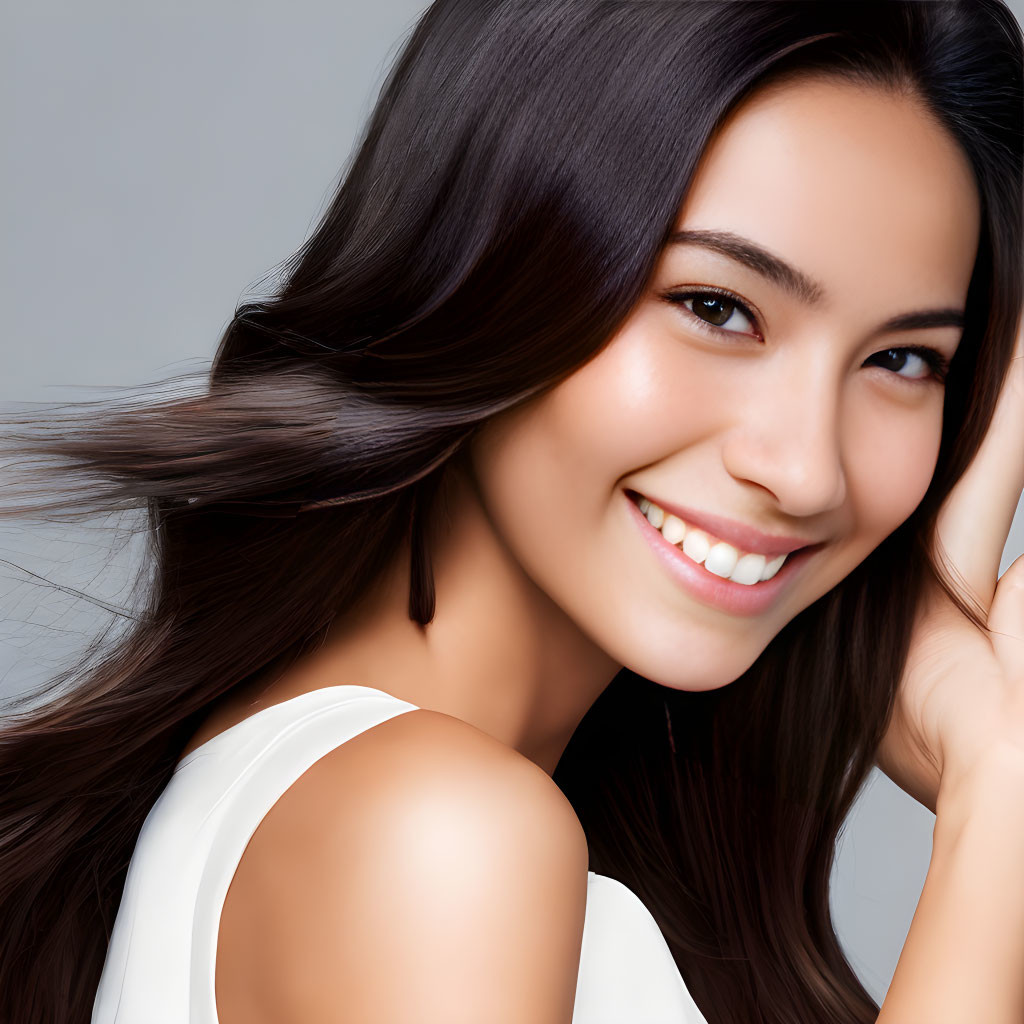 Dark-haired woman in white top against grey backdrop