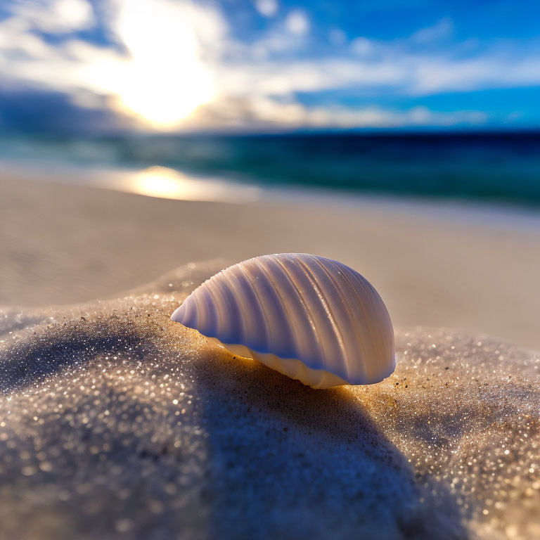 White seashell on sandy beach with ocean backdrop at sunset