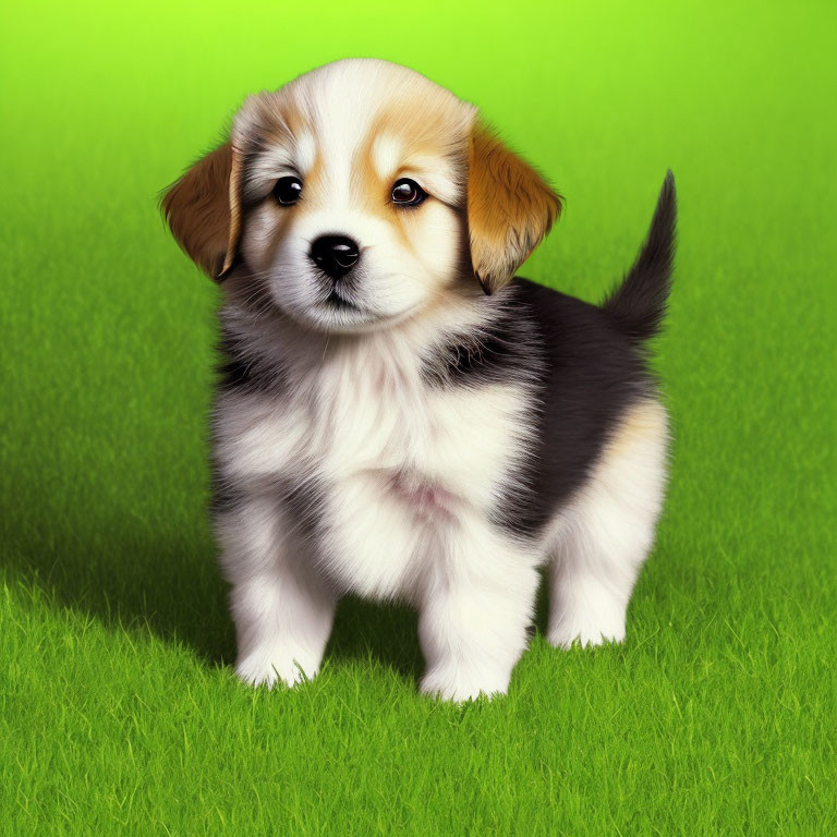 Fluffy tricolor puppy on green grass with expressive eyes