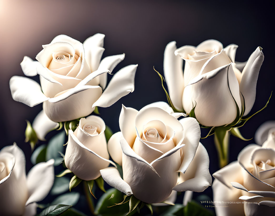 Close-up of white roses bouquet against blurred dark background