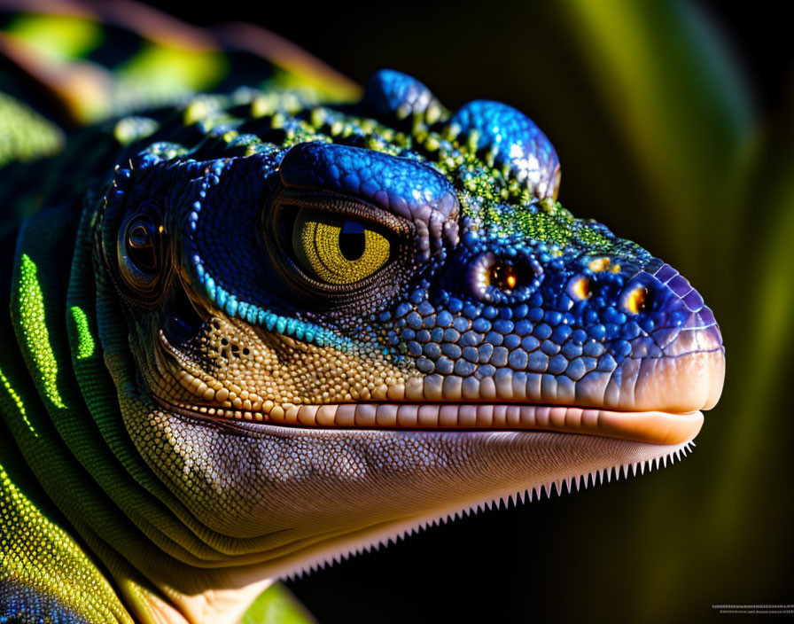 Vivid Close-Up of Green and Blue Iguana's Textured Skin