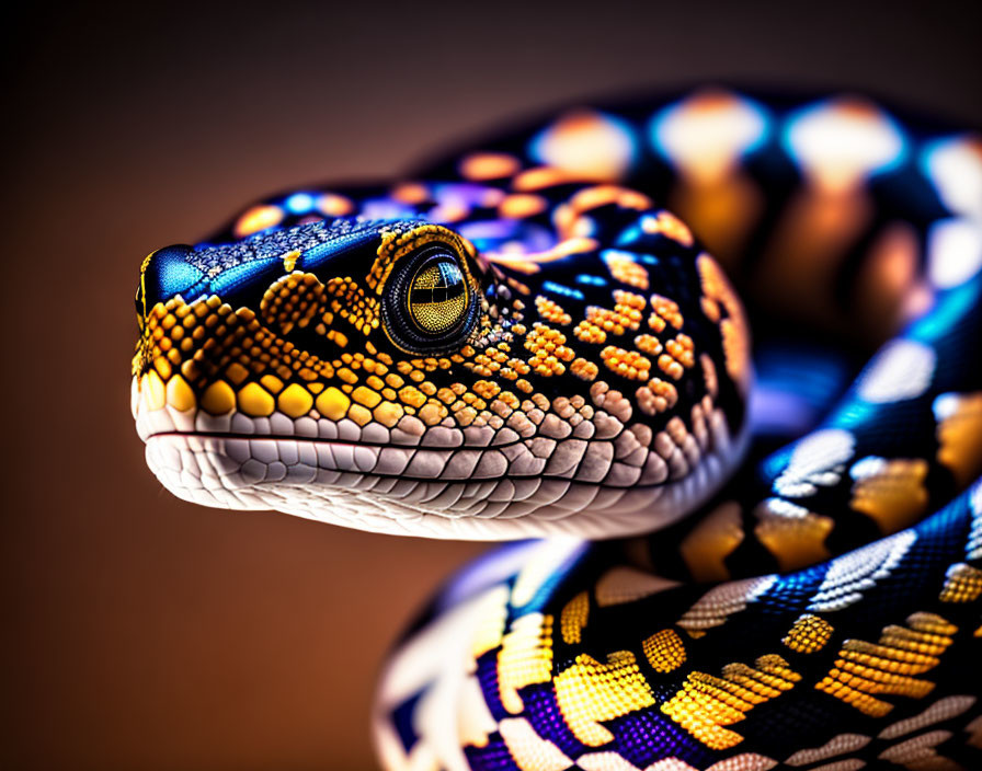 Vibrantly colored snake with patterned skin and close-up head and eye.