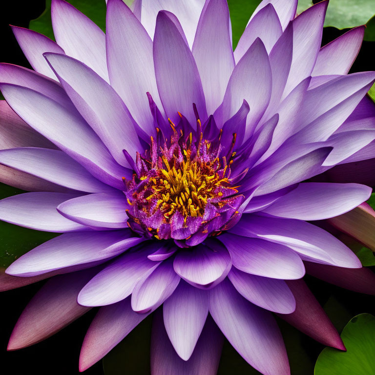 Vibrant Purple Water Lily with Bright Yellow Center on Dark Green Leaves