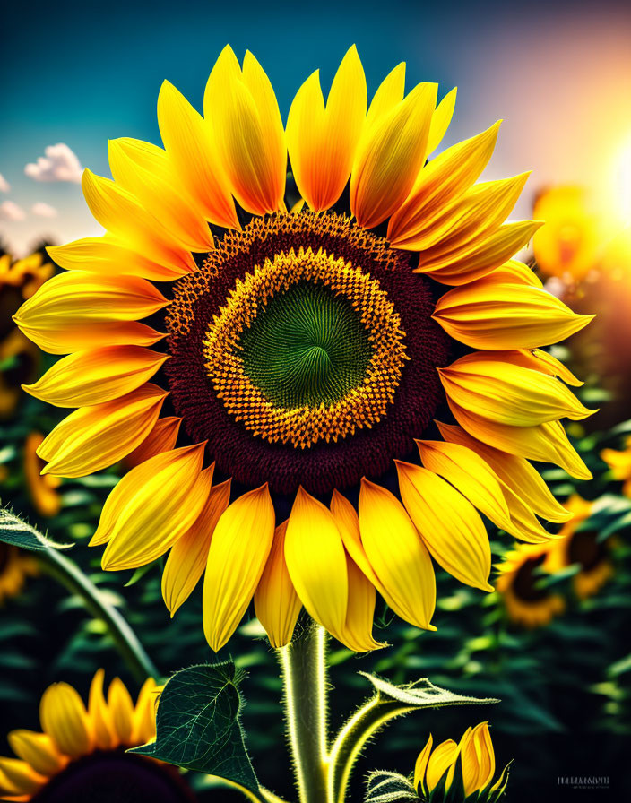 Bright yellow sunflower under warm sunlight on blue sky