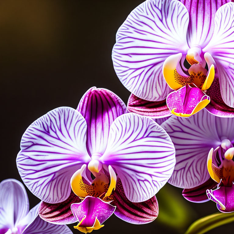 Vibrant purple and white striped orchids with yellow centers on dark background