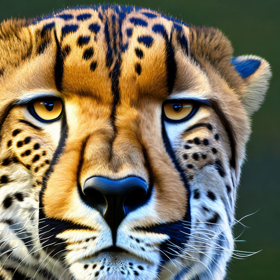 Detailed Close-Up of Cheetah's Face: Fur Texture, Yellow Eyes, Tear-Like Mark