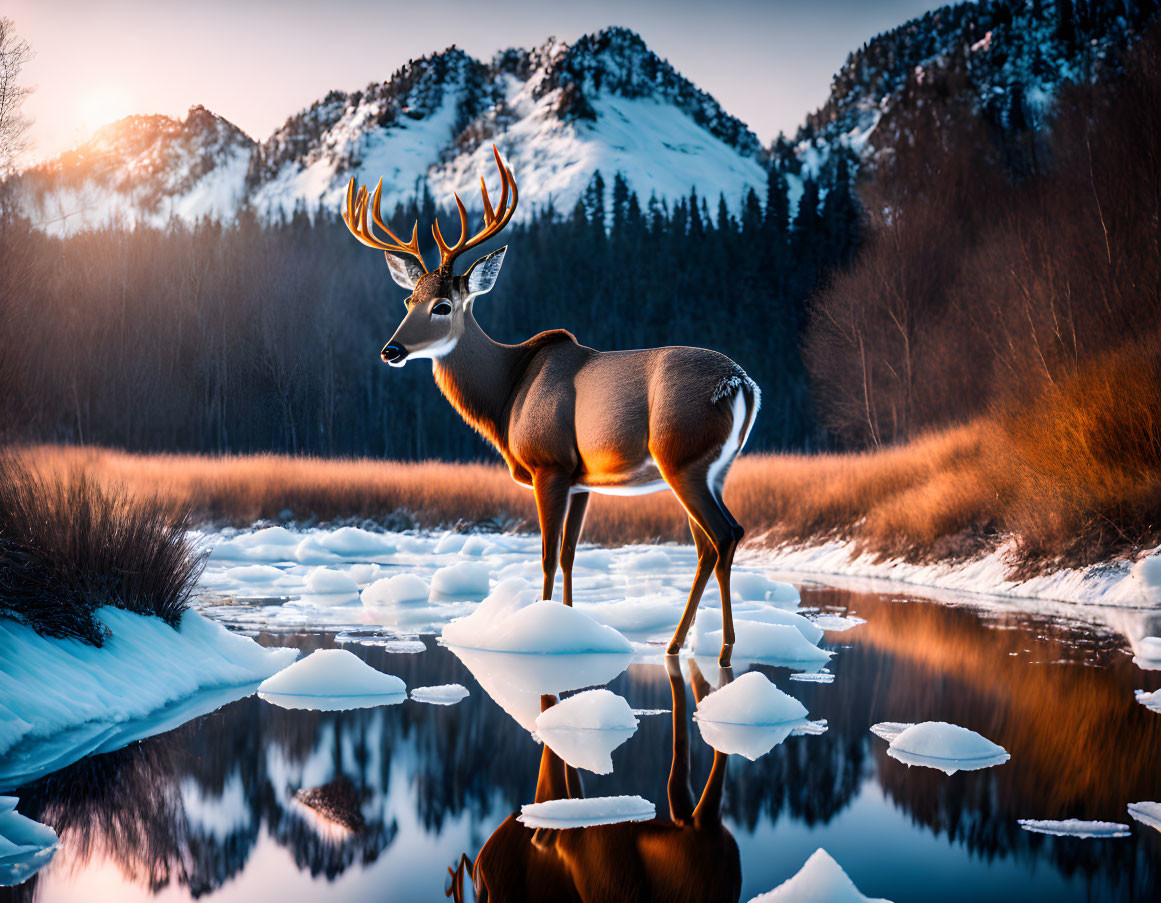 Majestic deer by frozen stream with snow-capped mountains at sunset