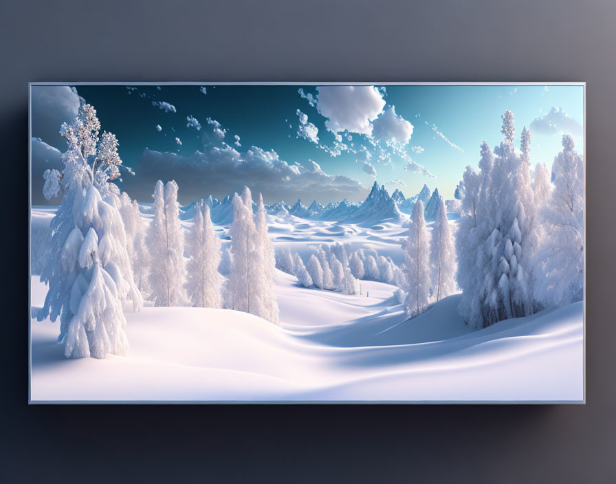 Snow-covered trees in serene winter landscape on widescreen monitor