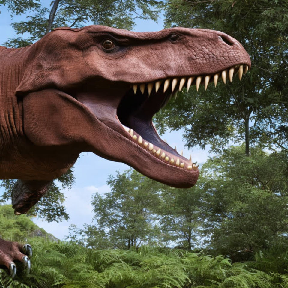 Realistic Tyrannosaurus Rex Model in Open Mouth Pose Among Green Foliage