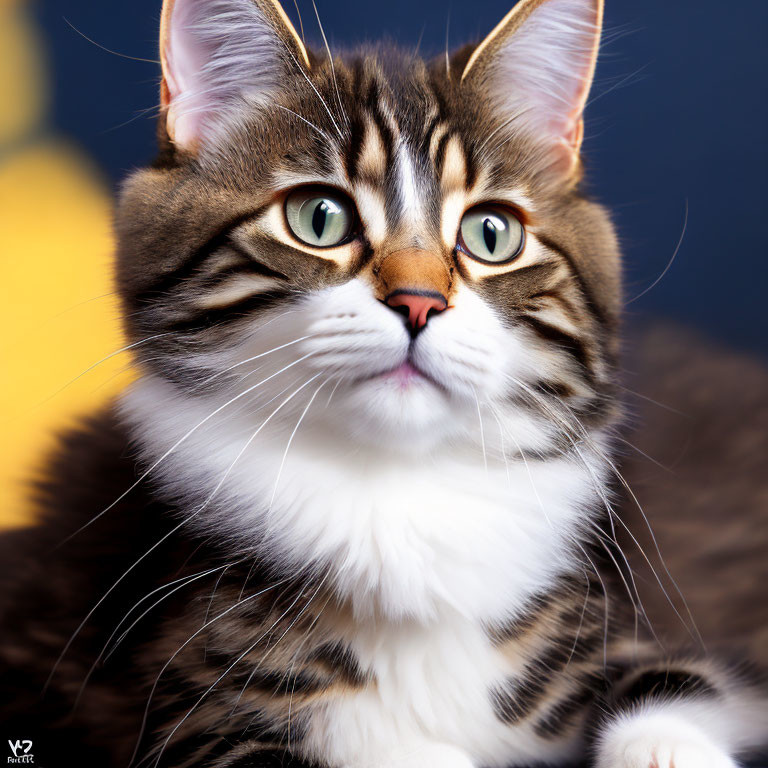 Brown and Black Striped Cat with Green Eyes on Blue and Yellow Background