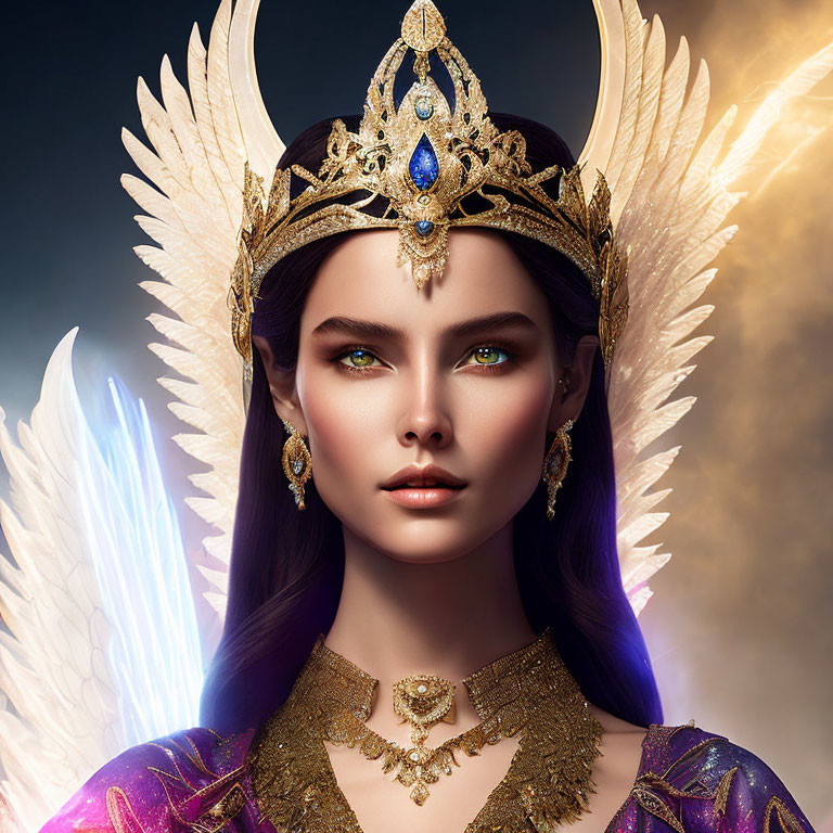 Fantasy illustration of woman with golden crown and wings in regal attire