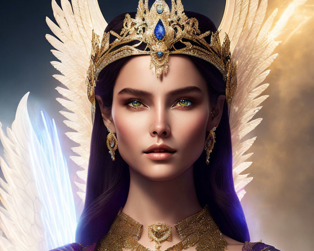 Fantasy illustration of woman with golden crown and wings in regal attire