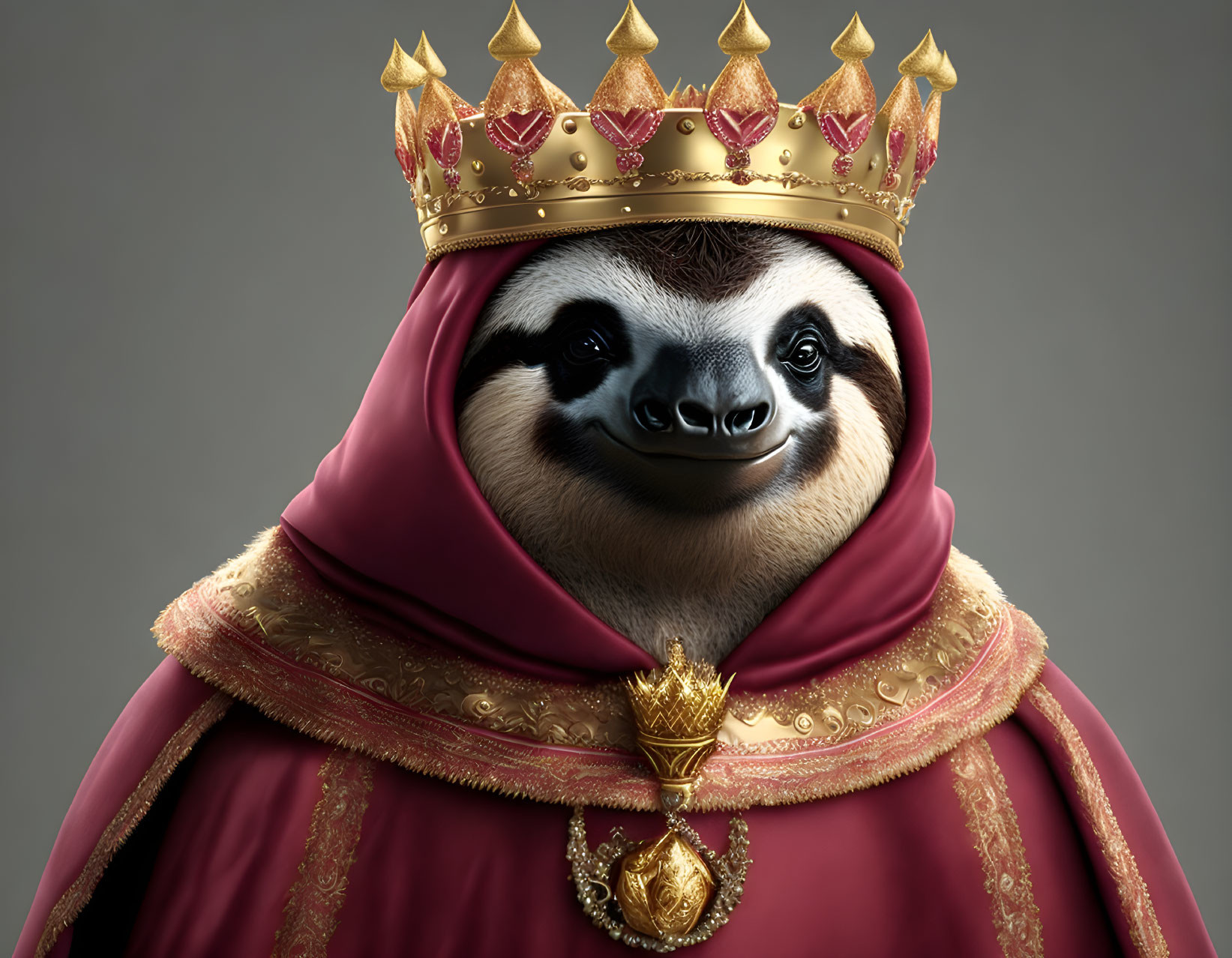 Regal sloth wearing golden crown and red robe