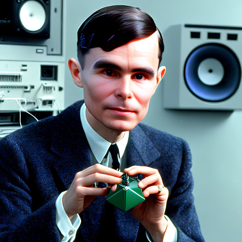 Vintage Man in Suit Holding Geometric Object with 1960s Electronics