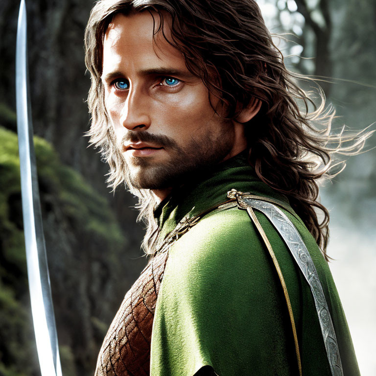 Man with long curly hair and blue eyes in green cloak with sword in misty forest