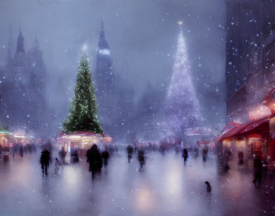 Holiday Market with Illuminated Christmas Tree and Snow-Covered Buildings