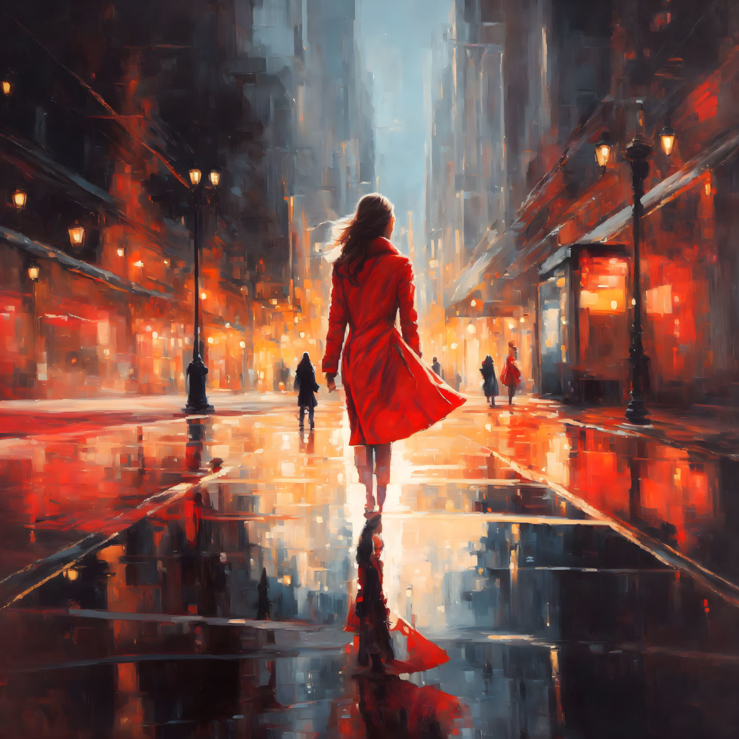 Woman in Red Coat Stands on Rainy City Street