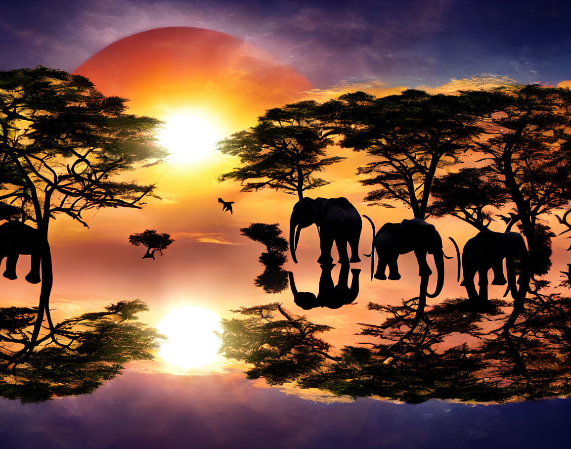 Elephants Silhouette Among Trees at Sunset Sky