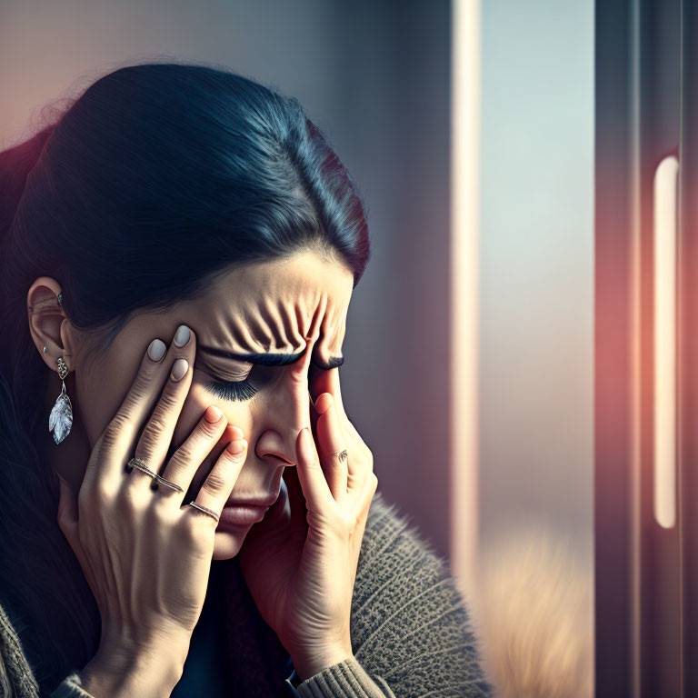 Distressed woman with long hair in anguish holding head, blurred window background