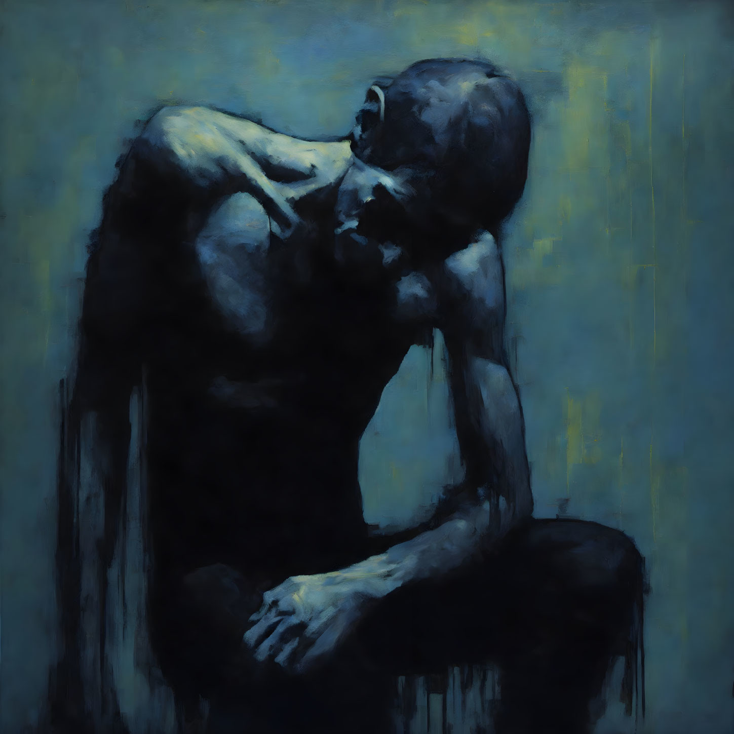 Moody painting of contemplative figure in blue tones