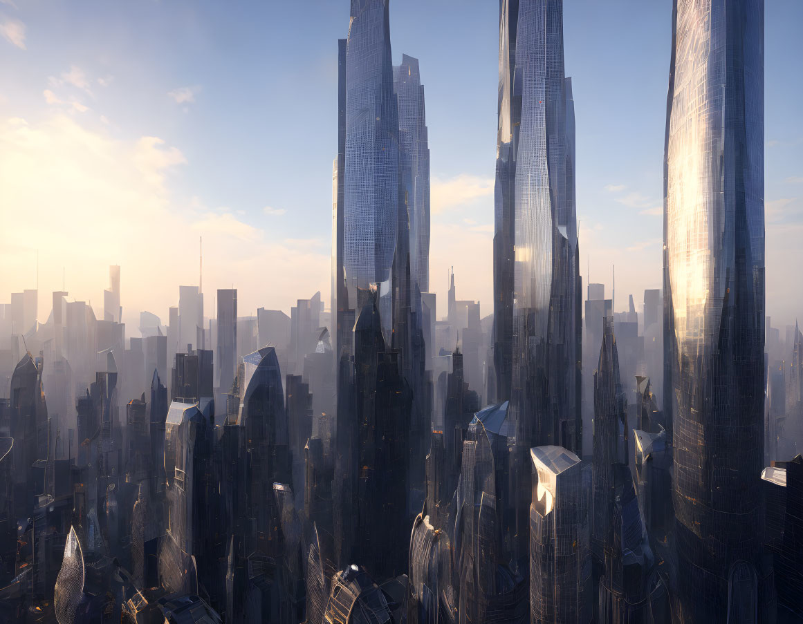 Futuristic cityscape with towering skyscrapers in sunlight