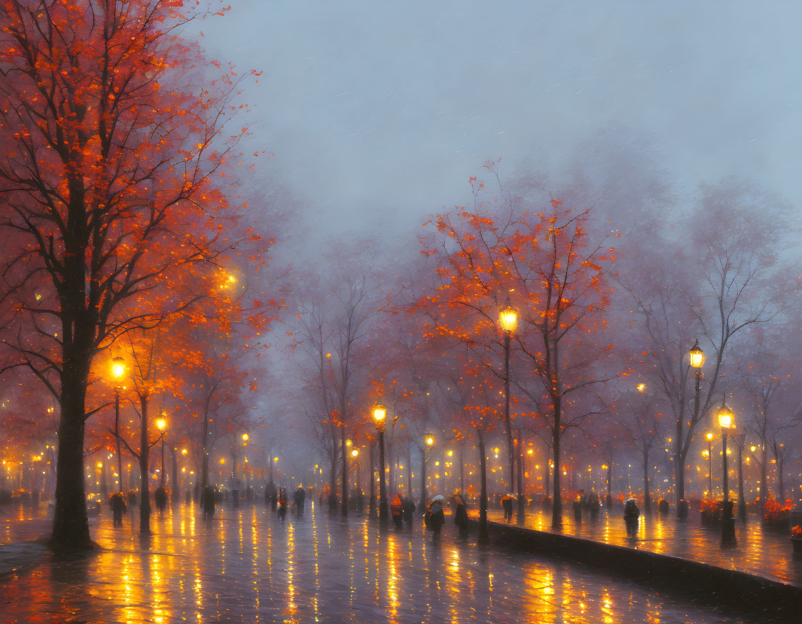 Autumn evening with glowing street lamps, wet pavement, trees with leaves, and figures in mist.