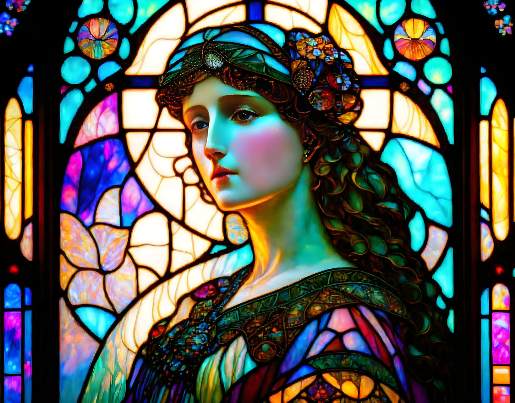 Colorful Stained Glass Portrait of Woman with Elaborate Headdress and Floral Background