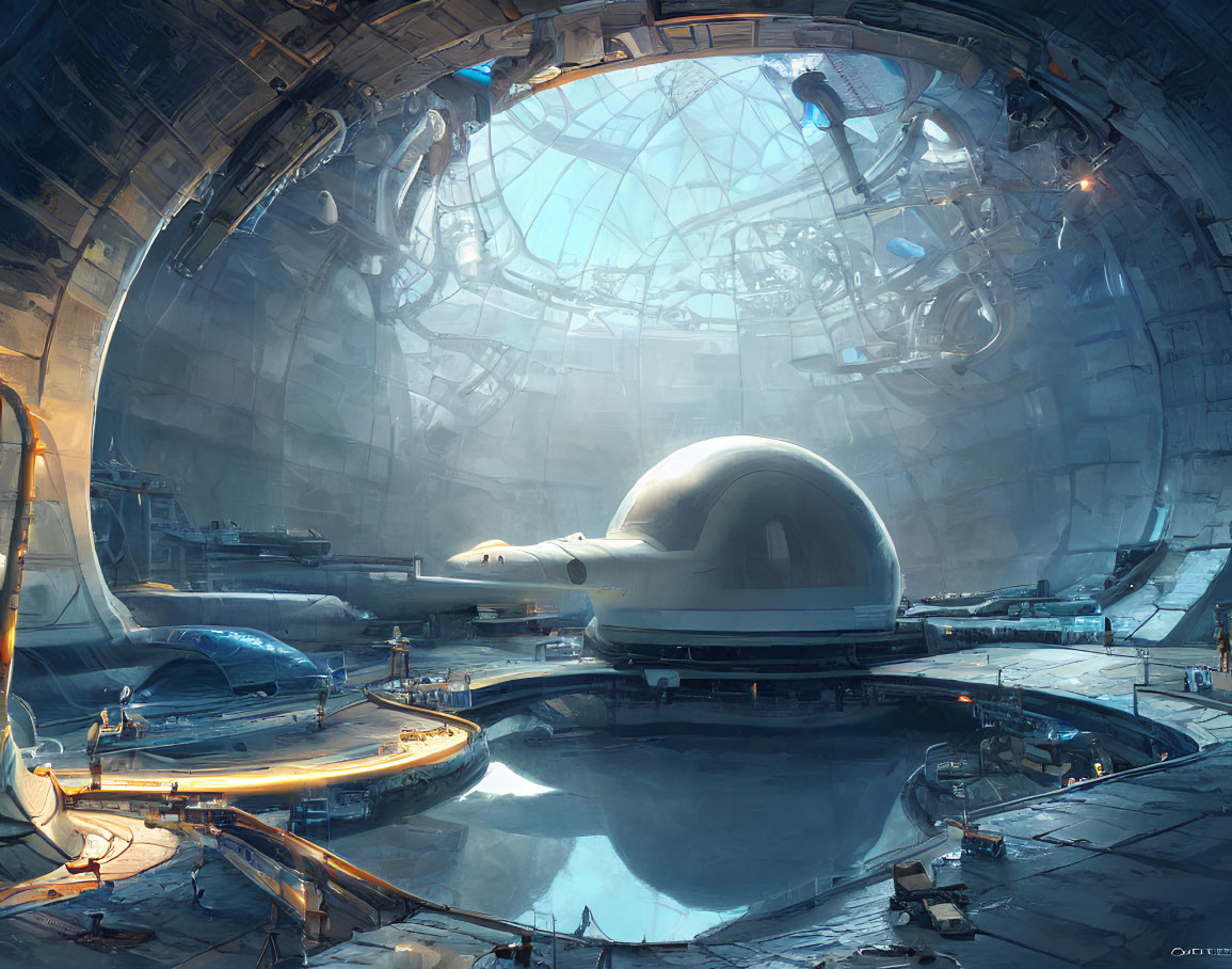 Futuristic spacecraft hangar with sunlight and high-tech equipment