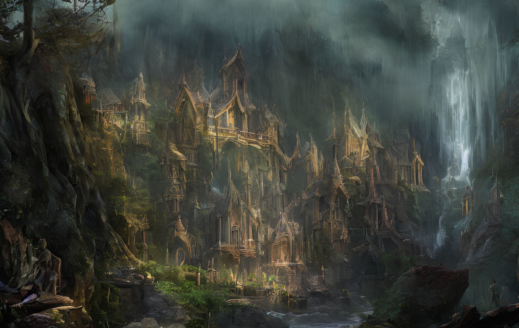 Fantasy forest with intricate treehouses & waterfall