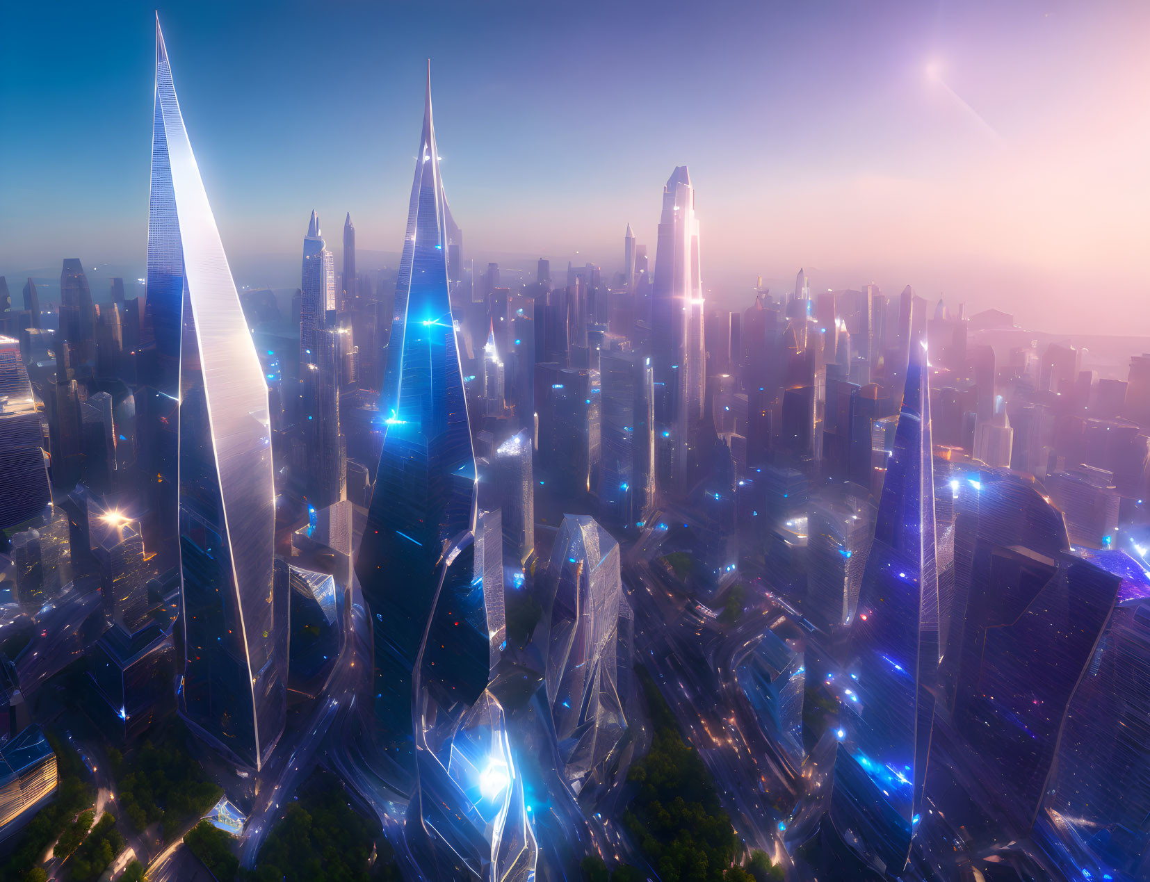 Futuristic cityscape with towering skyscrapers at sunrise