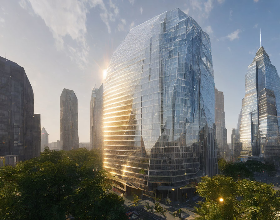 Modern glass skyscraper shining in cityscape with green treetops