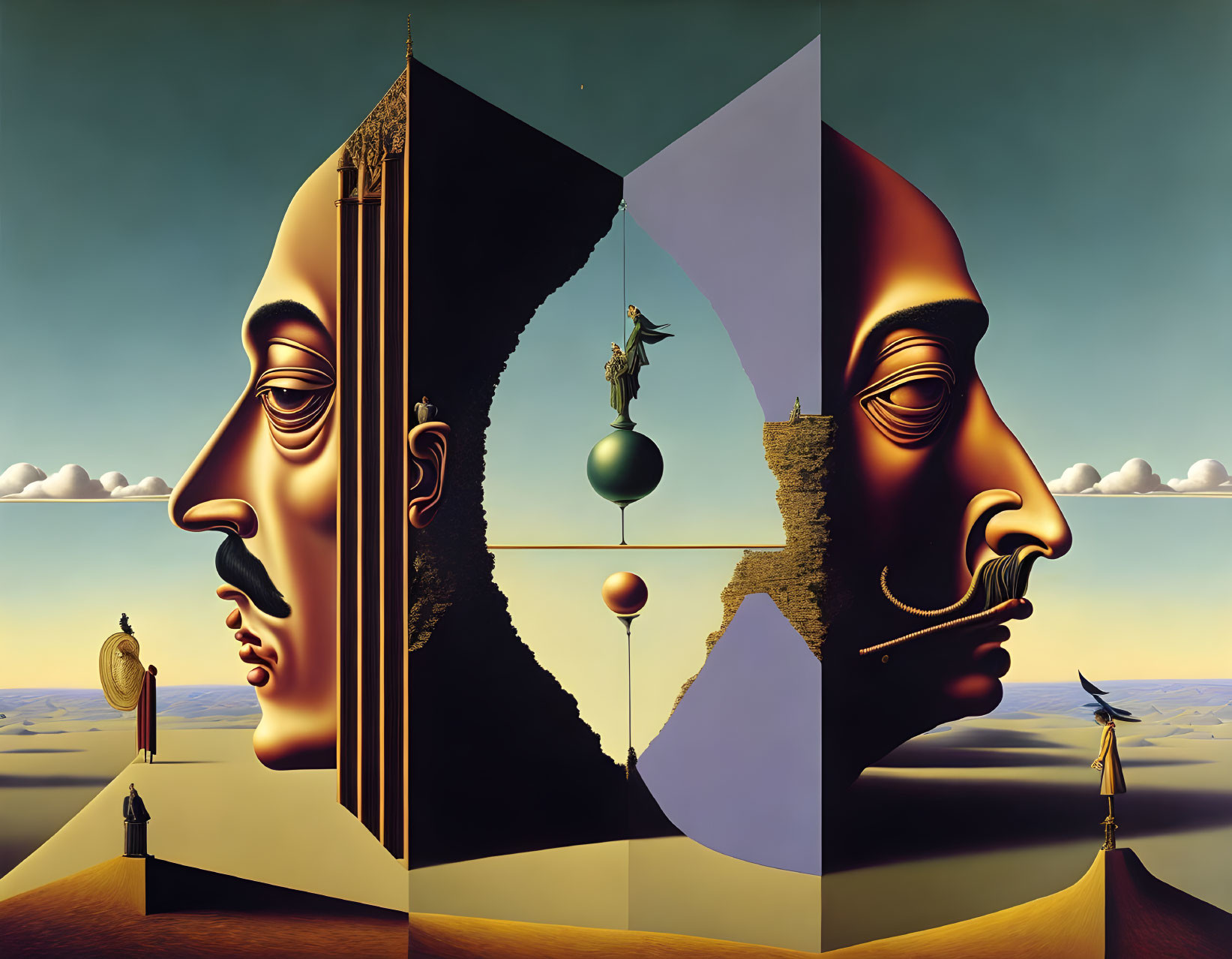 Surrealist painting: Split faces, landscapes, and architecture merge in dream-like fusion