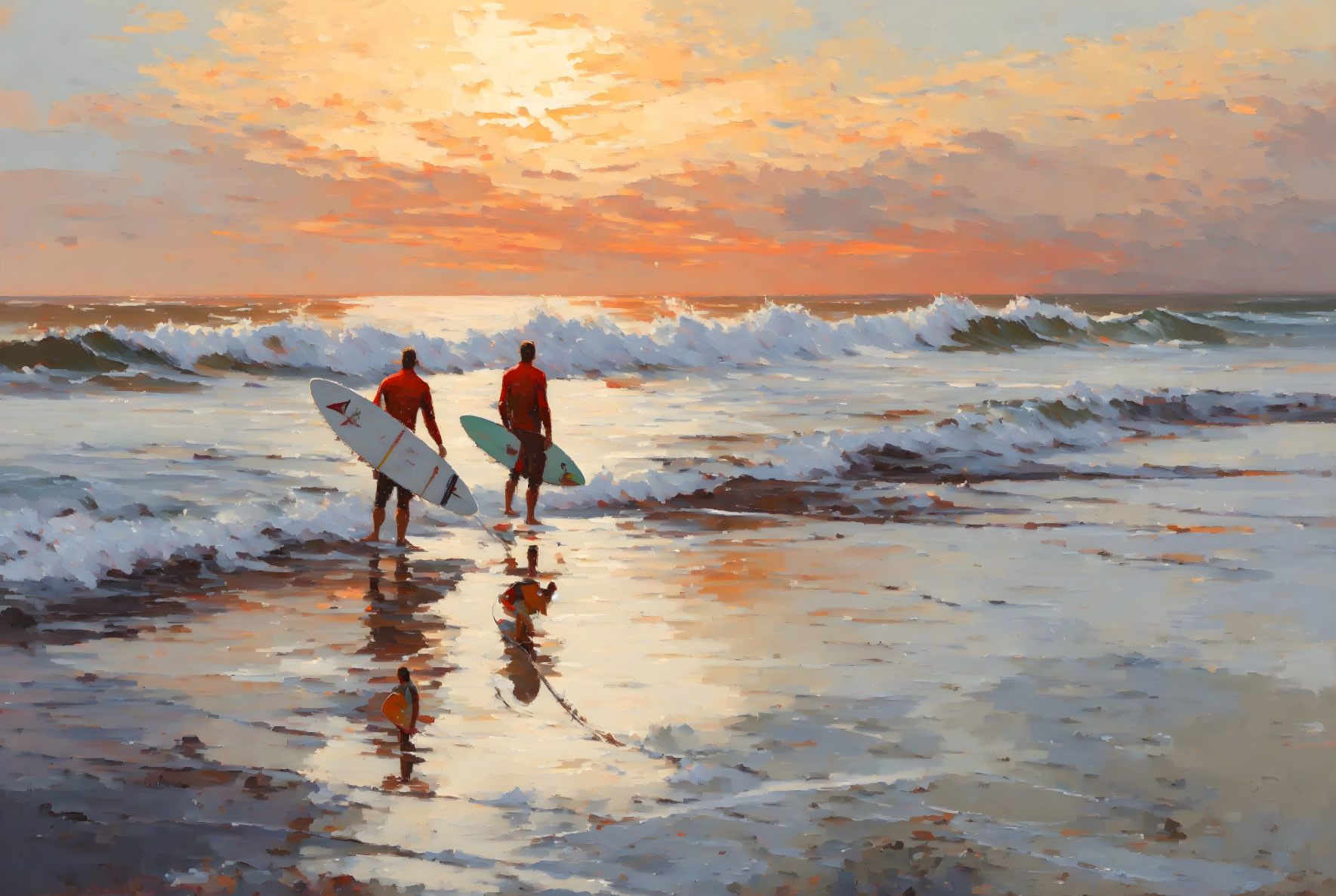 Surfers with surfboards walking on beach at sunset