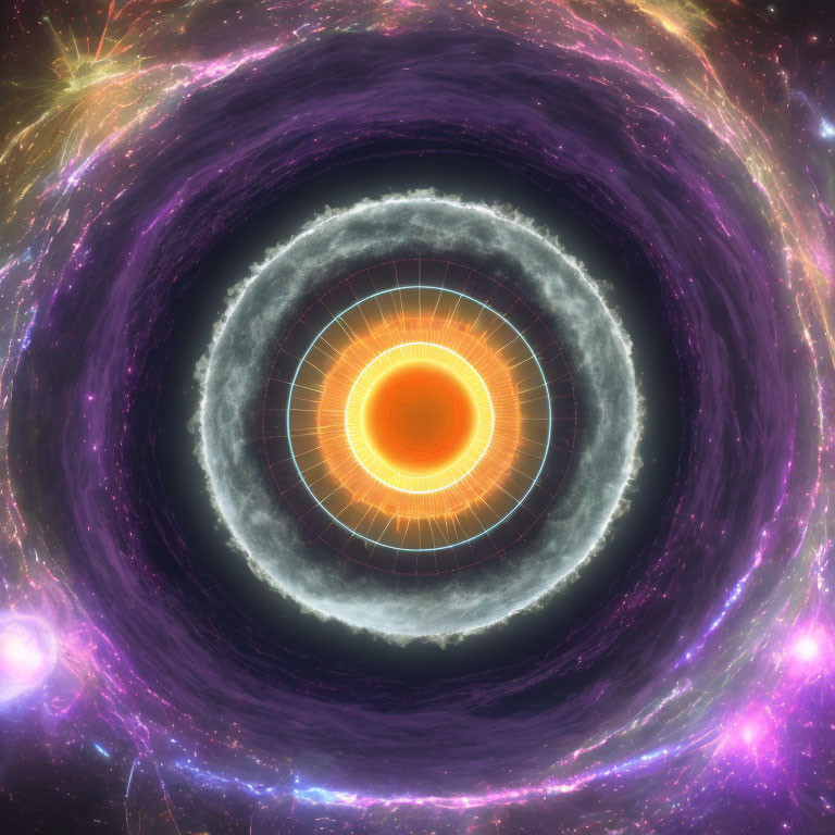 Colorful concentric circles with glowing center in cosmic space.