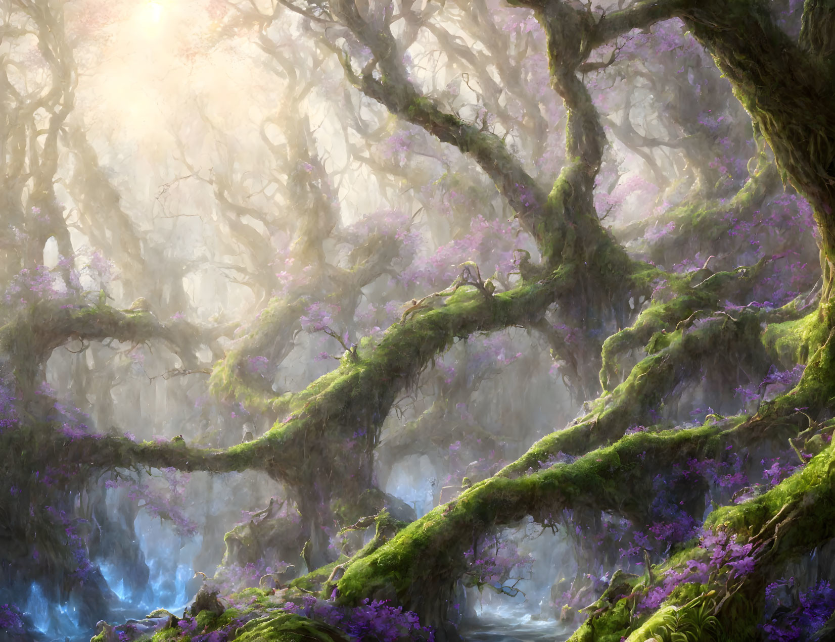 Mystical forest with sunlight, moss-covered branches, and purple flowers