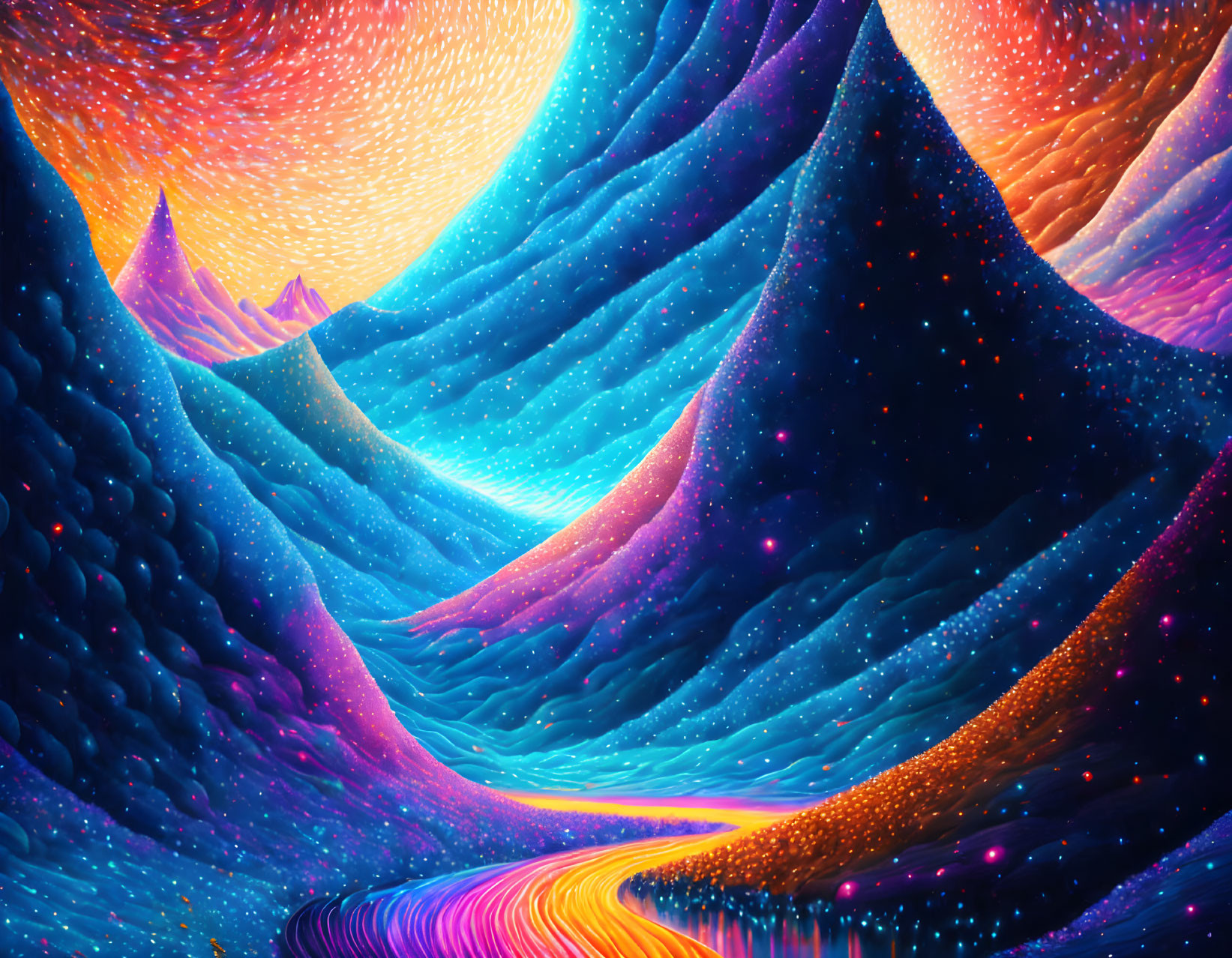 Colorful digital art: surreal landscape under star-filled sky