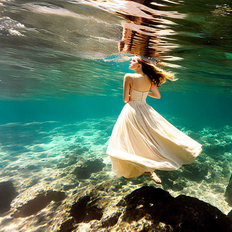 Woman in flowing dress underwater with light filtering through surface