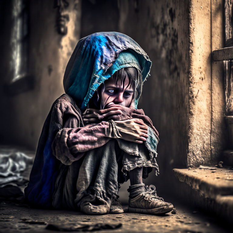 Child in tattered clothes huddled in dimly lit rustic setting