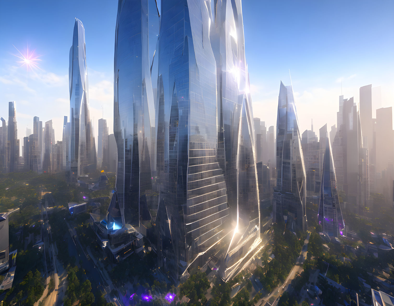 Futuristic cityscape with towering skyscrapers and lush greenery