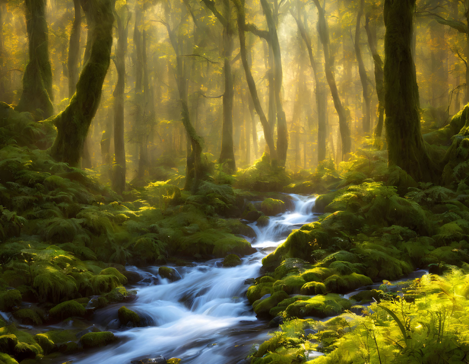 Tranquil stream in sunlit mossy forest with vibrant greenery