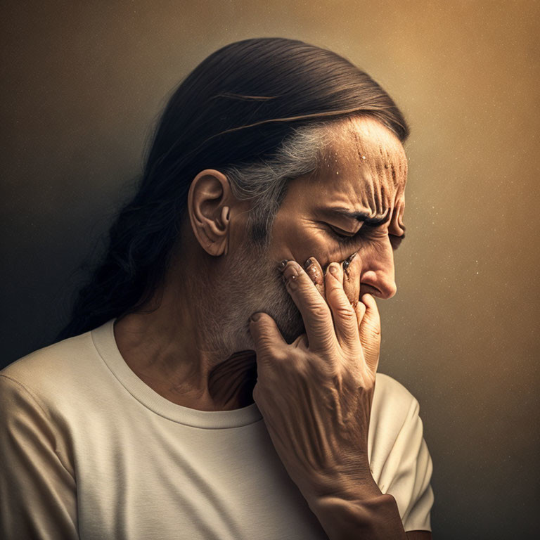 Distraught man with long hair wiping tear in white t-shirt