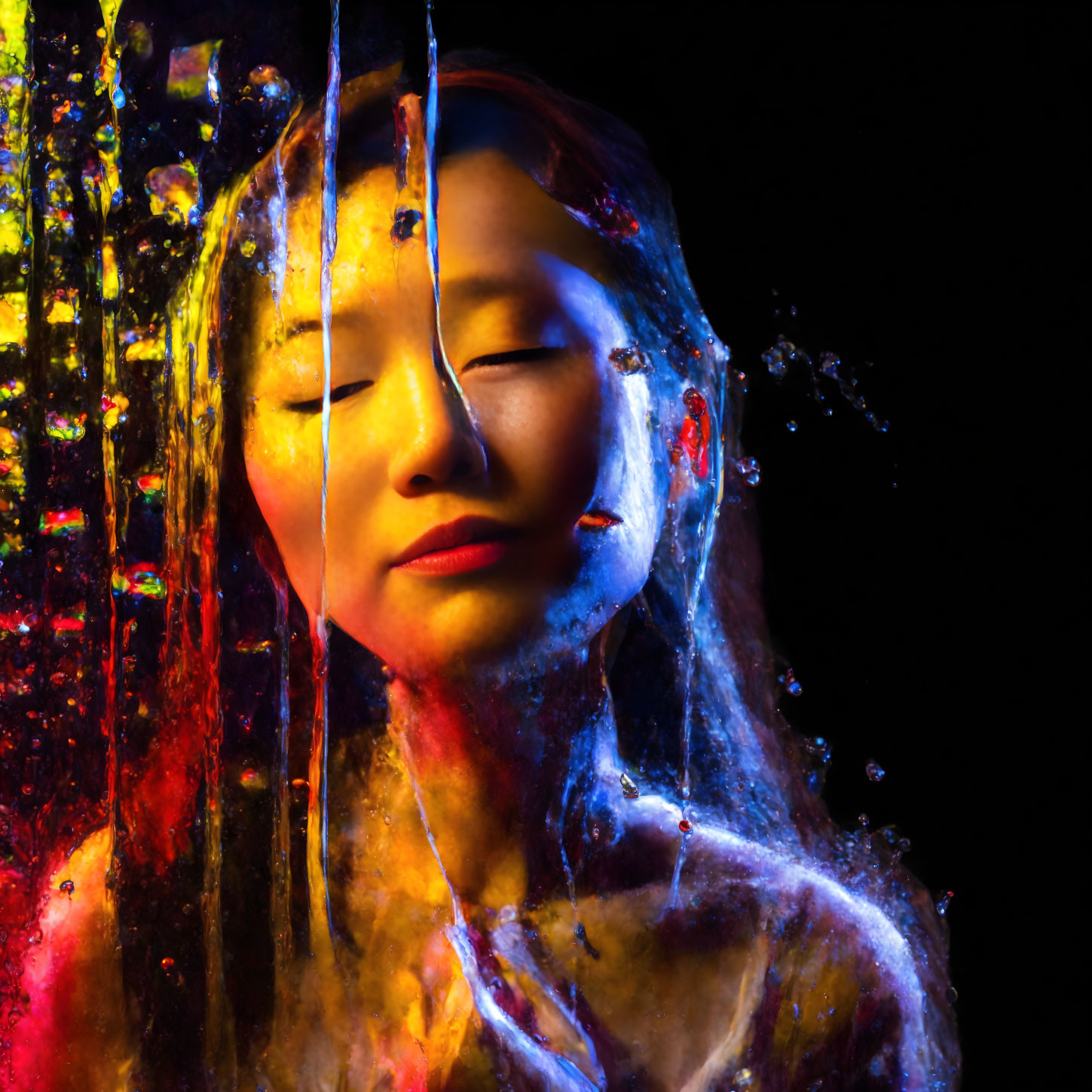 Woman draped in colorful liquid with closed eyes on dark background