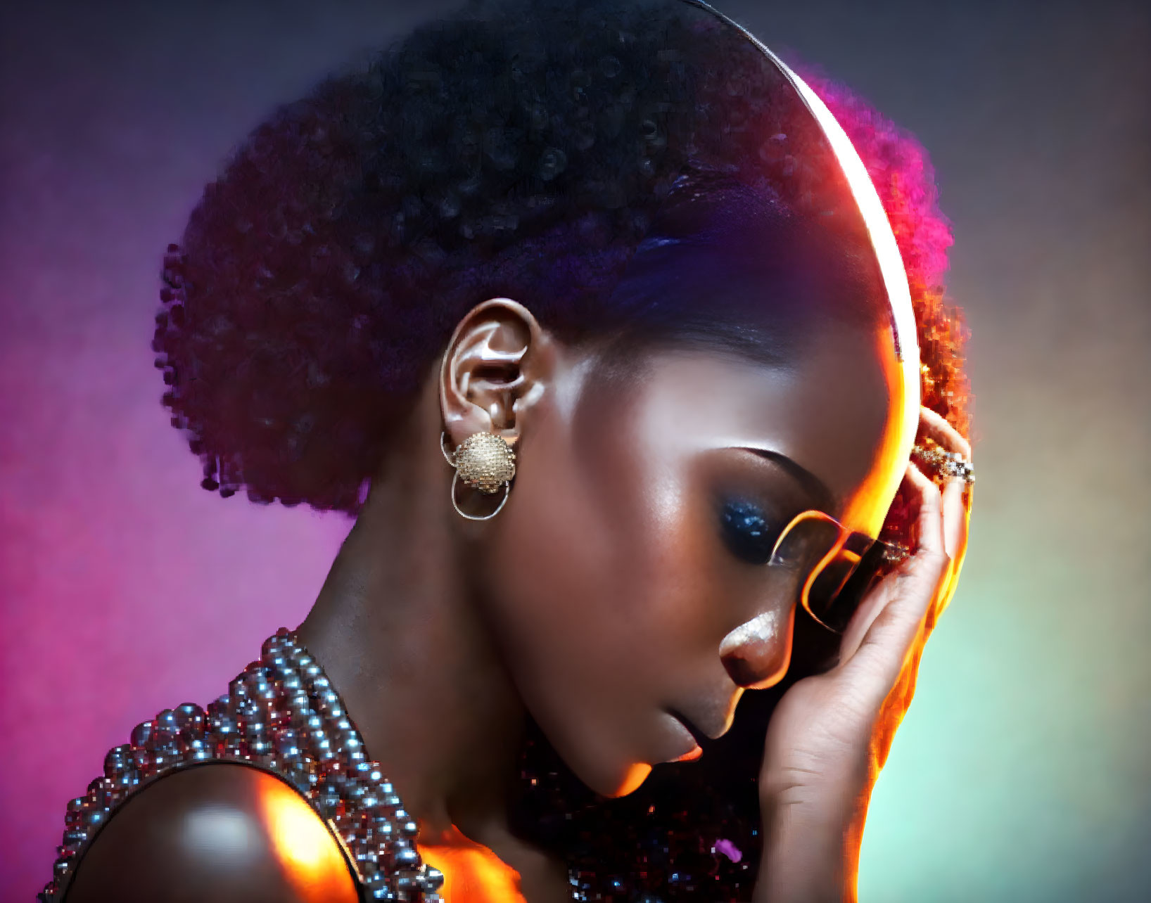 Profile of woman with afro hairstyle, dramatic lighting, large earrings, stylish sunglasses