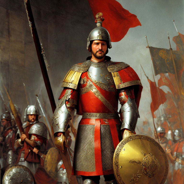 Medieval soldier in armor holding a spear with soldiers and red flag in background