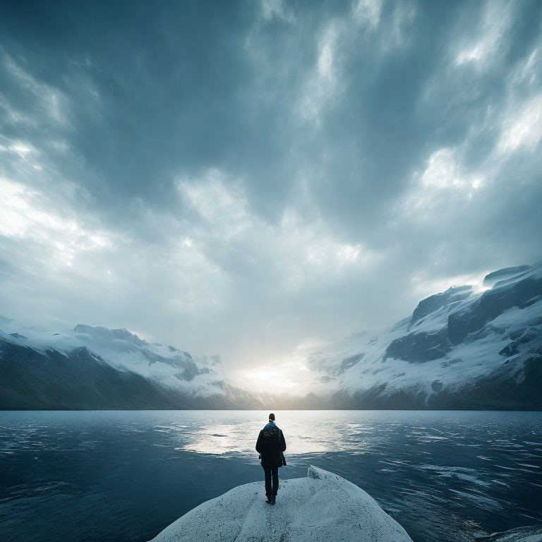 Person on Rock Overlooking Serene Lake & Mountains at Sunset