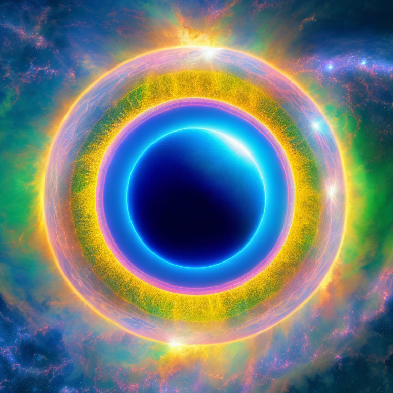 Colorful cosmic illustration of a black hole with luminous rings and radiant bursts