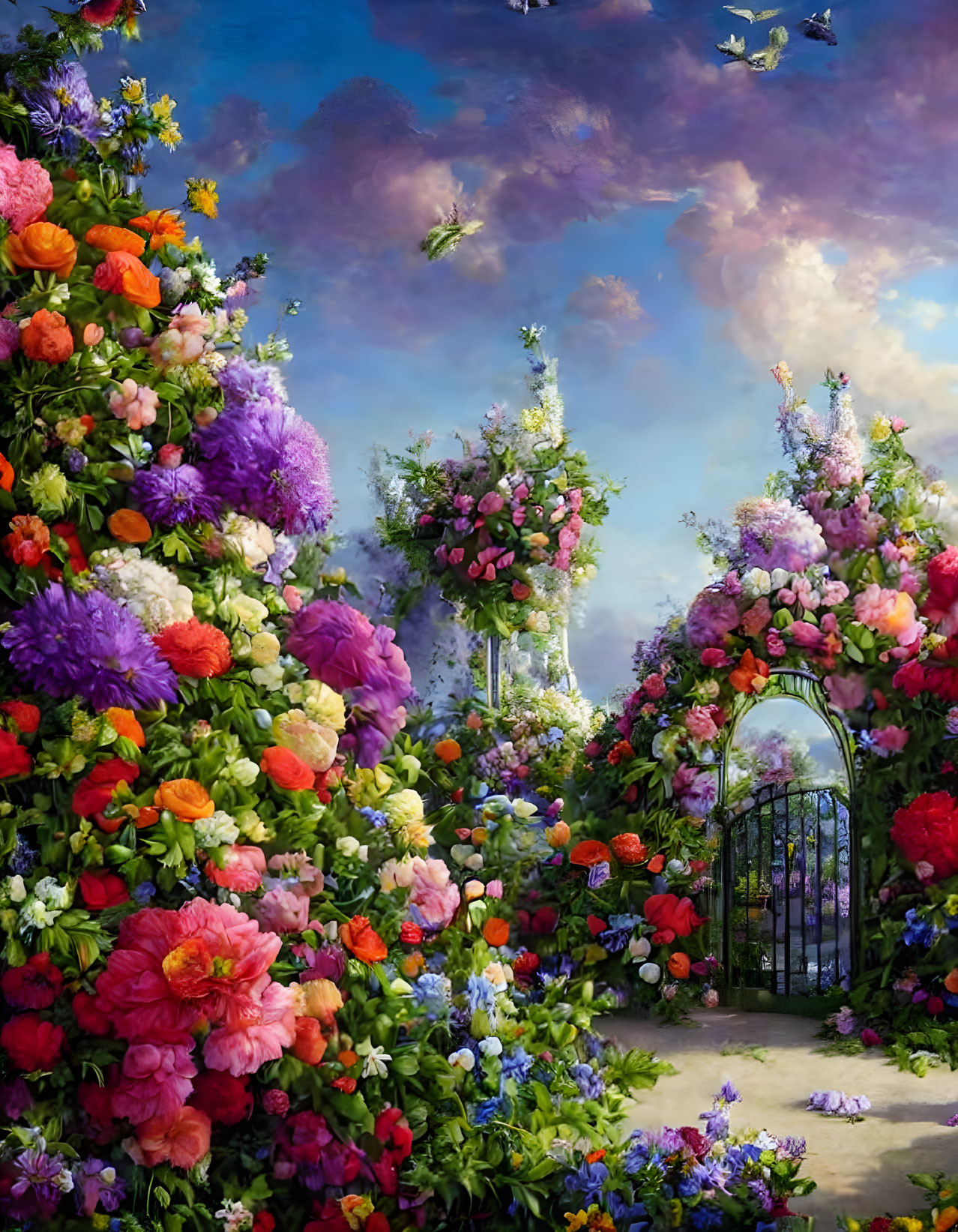 Colorful Flower Garden Scene with Metal Gate under Blue Sky