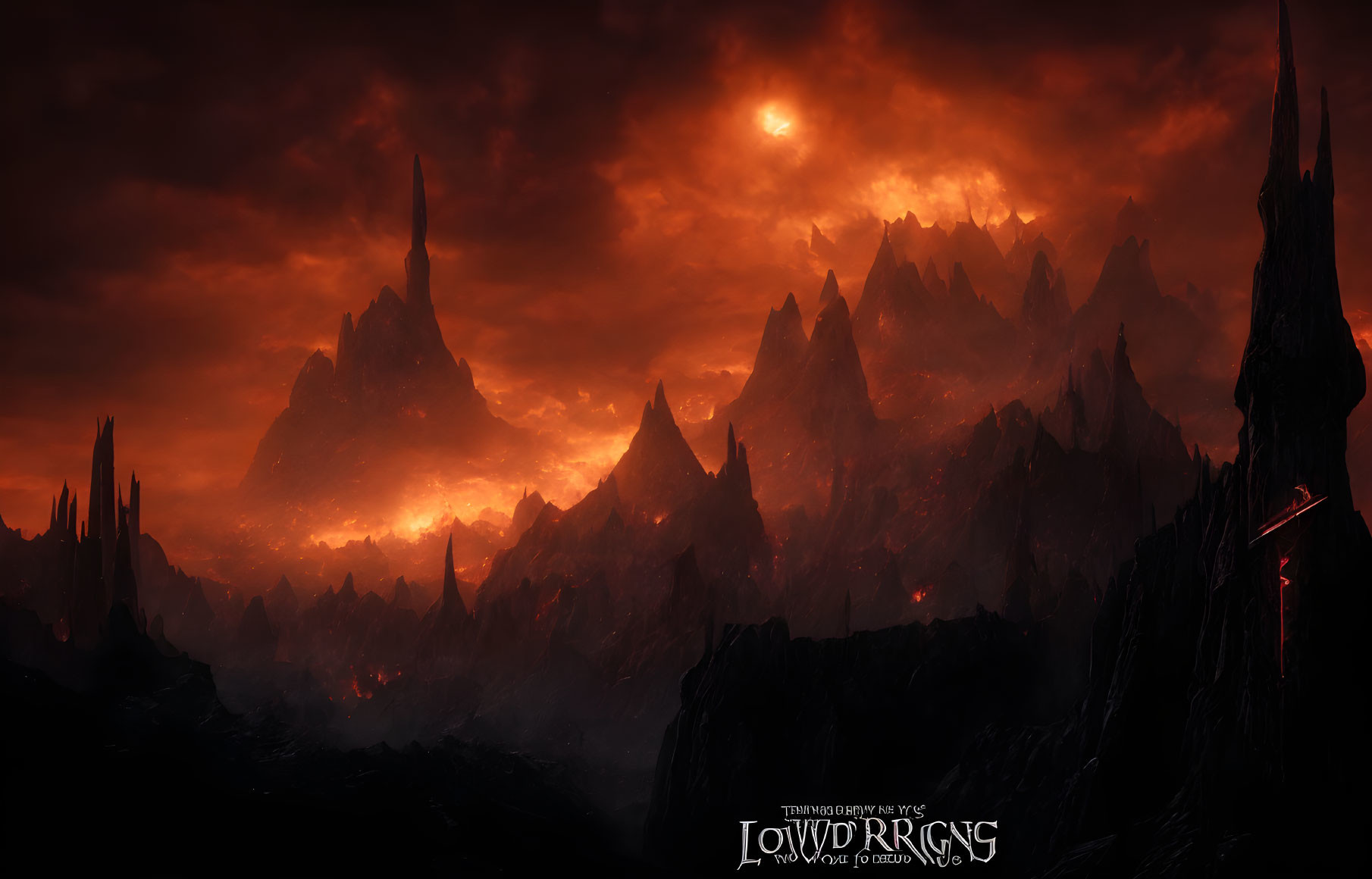 Sinister fantasy landscape with fiery skies and dark towers