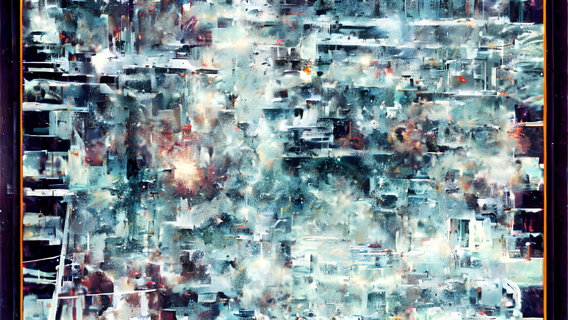 Multilayered abstract artwork in cool tones with urban landscape elements